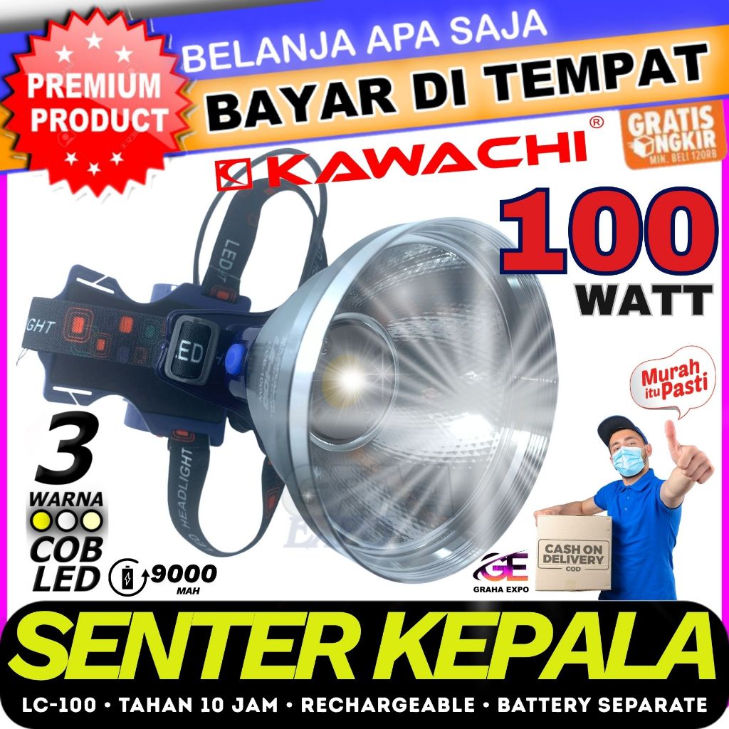Senter Kepala 100watt Kawachi LC-100 Original COB LED Super Terang 3 Cahaya Kuning Putih SOS WaterPr