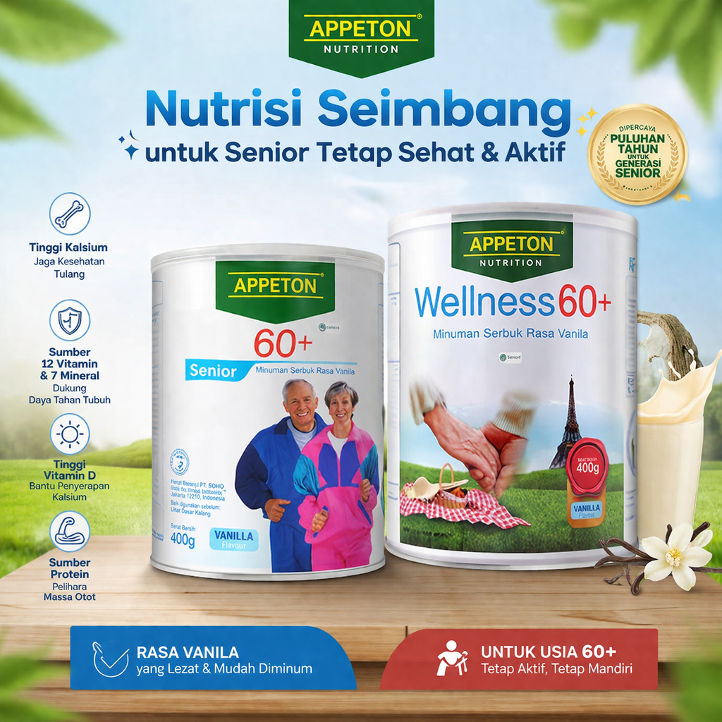 [Original Malaysia] Susu Lansia Orangtua Appeton 60+ 400 Gram 900gr Rasa Vanila Wellness Diabetic