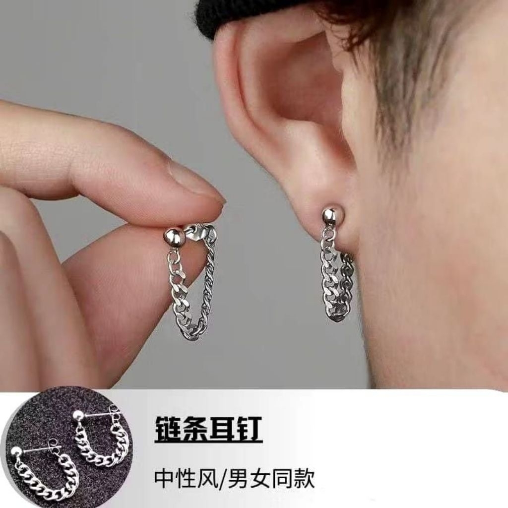 Anting Pria Wanita Rantai Gantung Modis Baja Titanium warna perak-1 PASANG