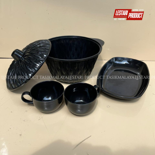 ( 4 IN 1 ) BASI CLIO HITAM TUTUP + PIRING SAJI HITAM ( FREE 2 CANGKIR LUNAR ) | WADAH SAYUR | TEMPAT