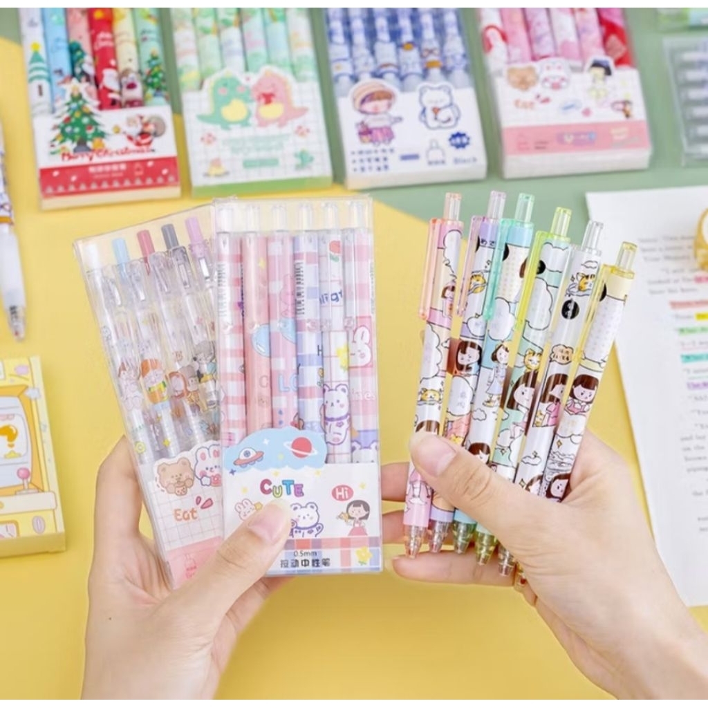 Pulpen Gel Mekanik Lucu Karakter / Set Pulpen Gel 6 Pcs / Ballpoint Mekanik Pulpen Set Isi 6 PCS / P