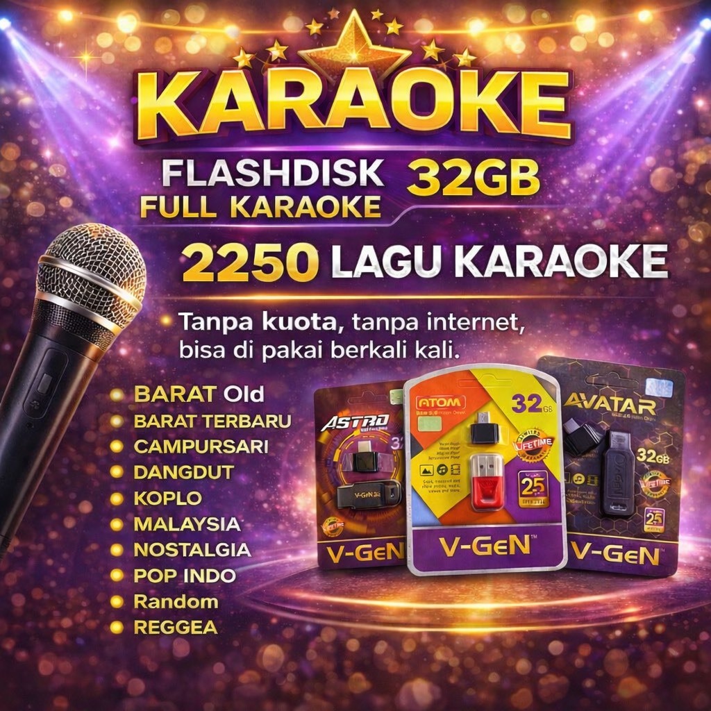 USB Karaoke 32GB 2250 Lagu Lengkap Tanpa Internet & Kuota Dangdut Koplo Pop Indo Barat Malaysia Nost