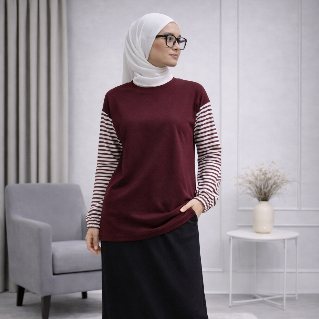 SEKIDO | Katy Kaos | Kaos Wanita Lengan Panjang Warna Maroon dan Navy Motif Salur Adem