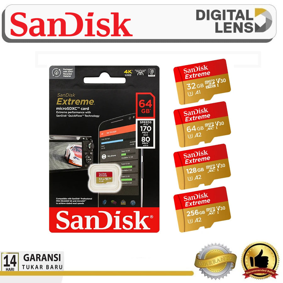 Sandisk Extreme Micro SD / MicroSD 32GB - 64GB - 128GB - 256GB - 512GB Memory Card SDHC SDXC A2 V30 
