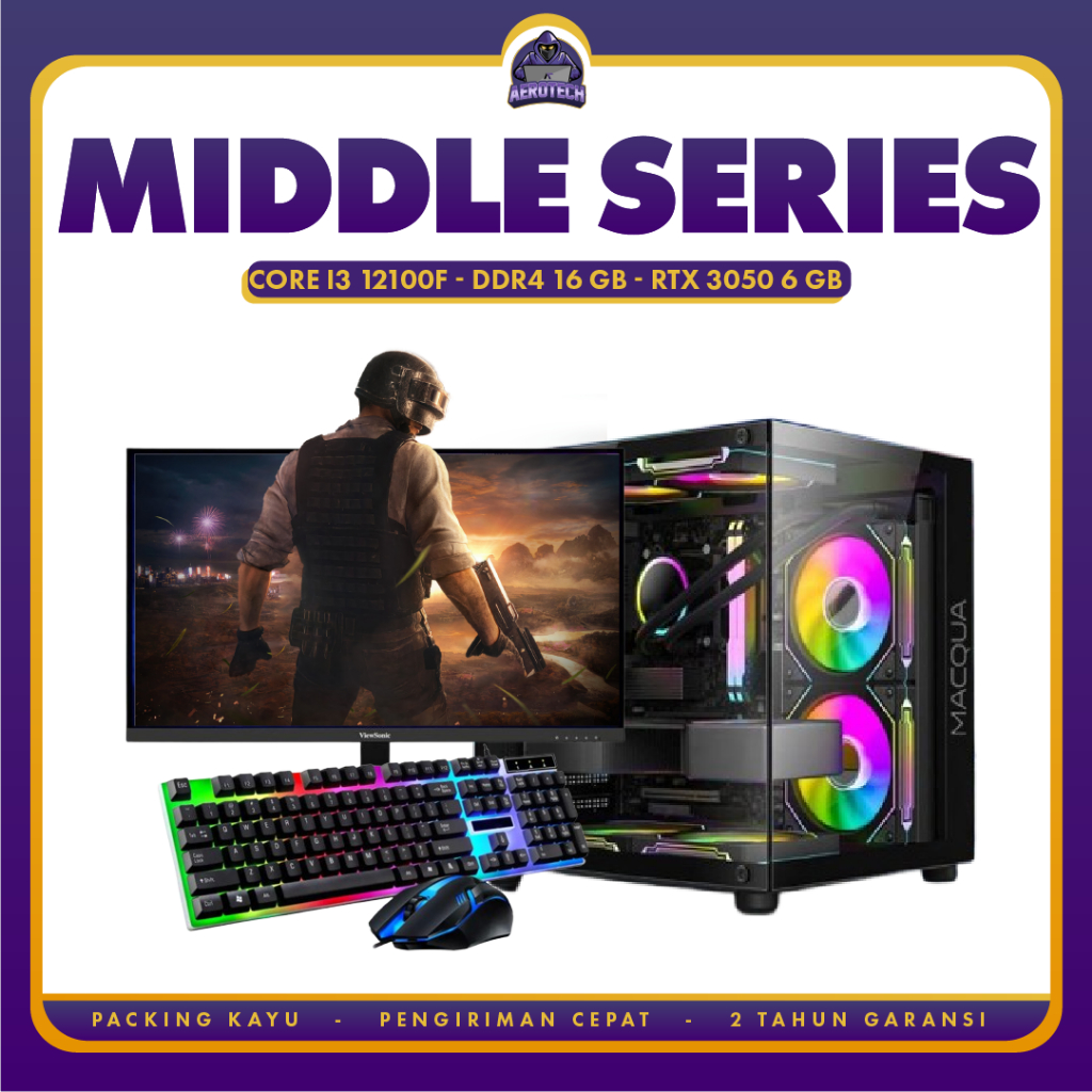 AEROTECH MIDDLE PC RAKITAN GAMING i3 12100F | VGA RTX 3050 12 GB | LED 24 INCH SIAP PAKAI FULLSET DE