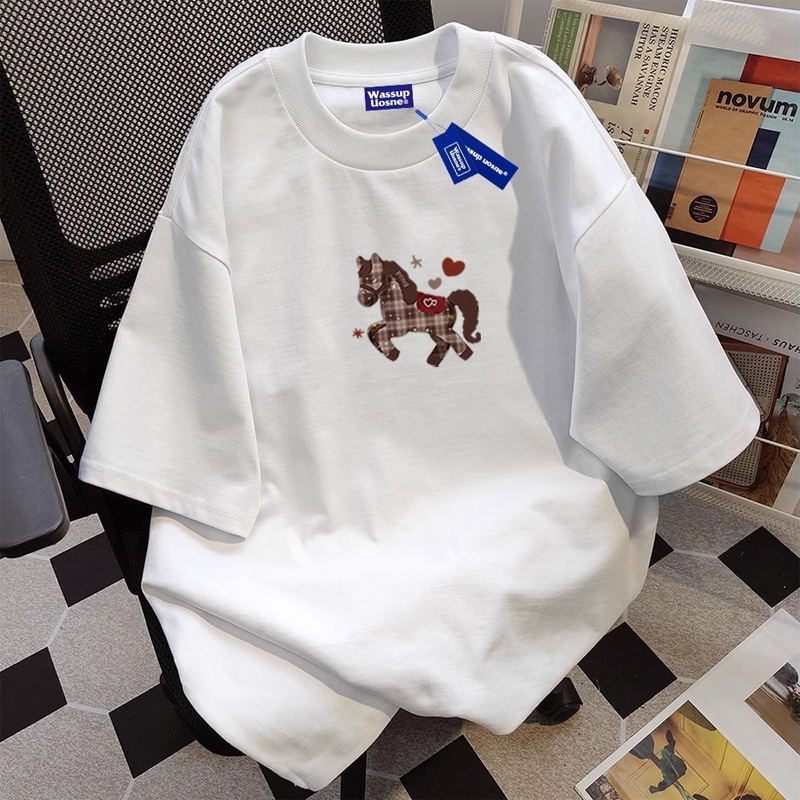 Lengan pendek baju atasan wanita terbaru kaos pria oversize couple Motif Kuda  Kotak-Kotak Imut  t s