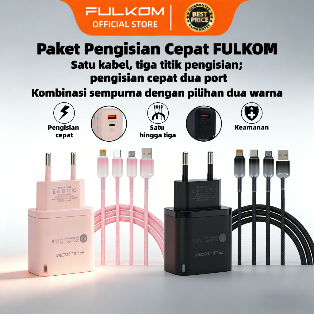 FULKOM Universal 66W Fast Charging Kit - FC320+FK603 Adapter Dual Port A+C & Kabel 3-in-1 Multi-Devi