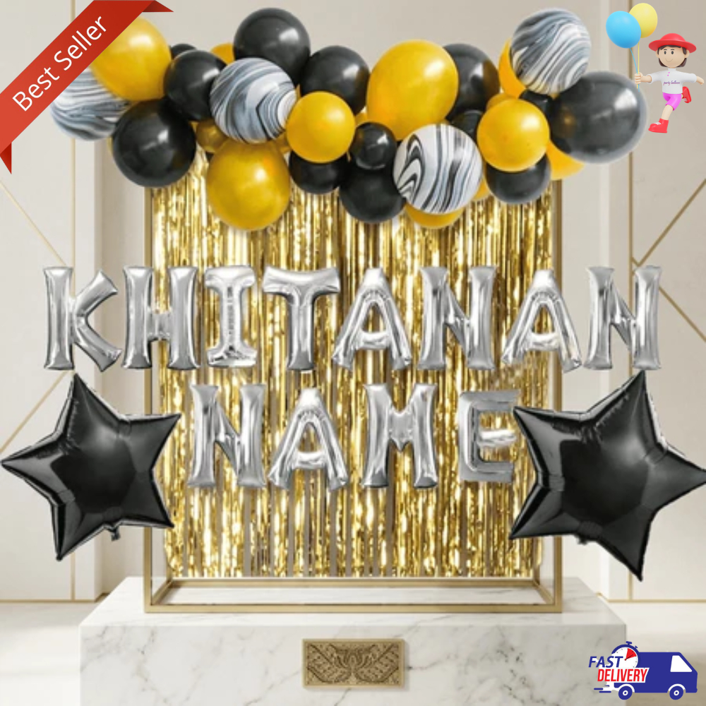 Paket Dekorasi Khitanan Simple Elegan Hitam Emas Balon Nama / Set Dekorasi Khitanan
