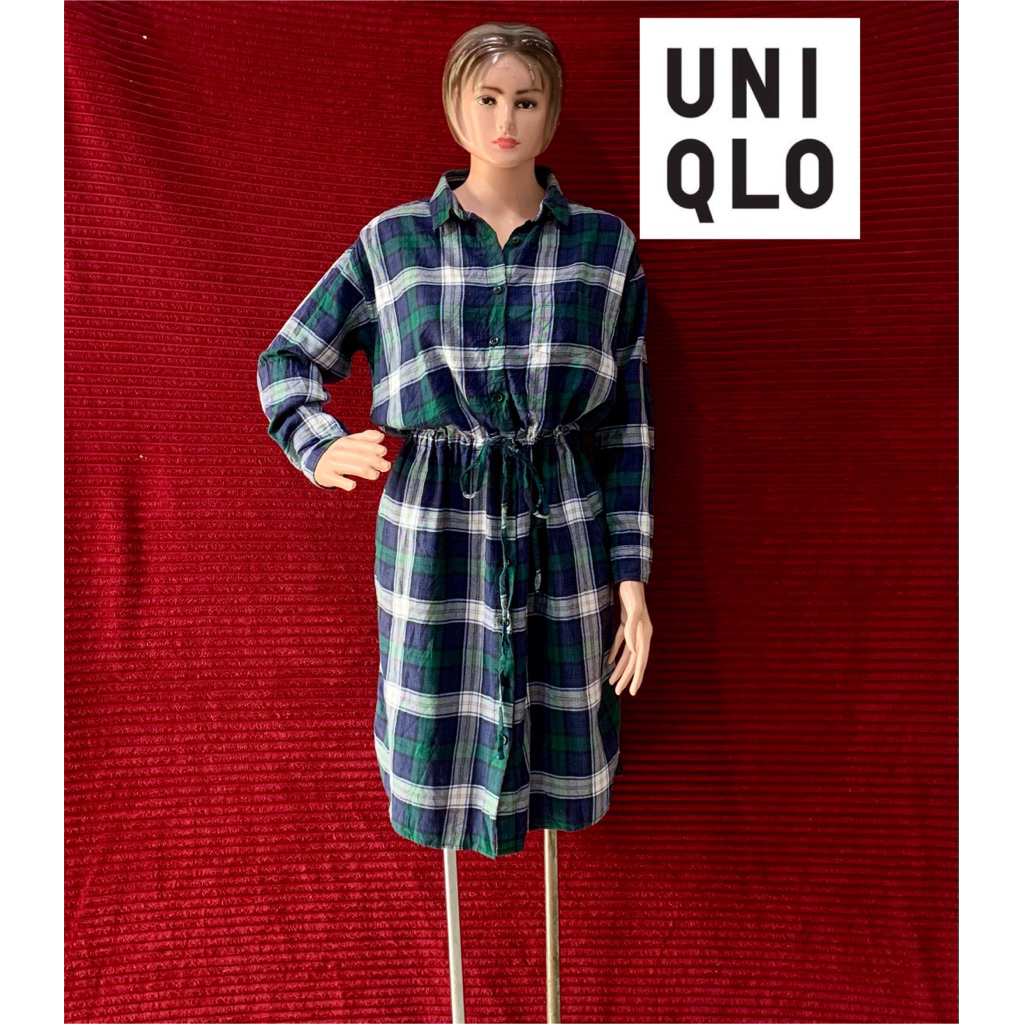 DRESS KOTAK KOTAK WANITA FLANEL FREESIZE - ELEGANT PINGANG SERUT - LENGAN PANJANG UNIQLO*