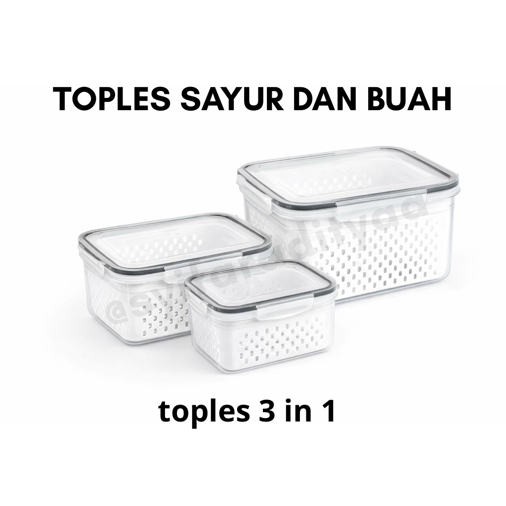 Wadah Penyimpanan Buah & Sayur Kulkas 3 Size Set + Drainer Basket Airtight