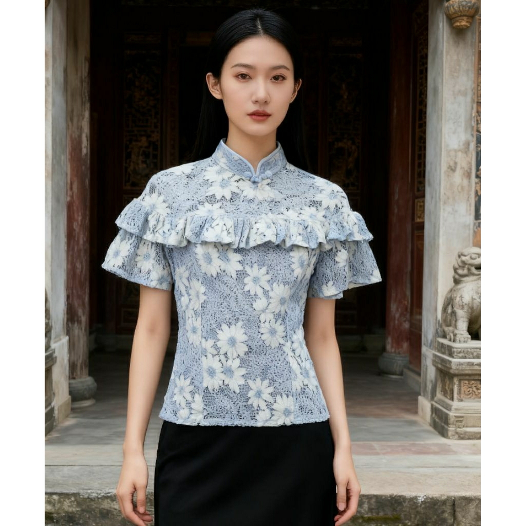 (NEW) CHEONGSAM CROP LACE TOP RUFFLE FLOWER BLUE GREY ATASAN BLOUSE BRUKAT SLIM FIT SHANGHAI CHINESE
