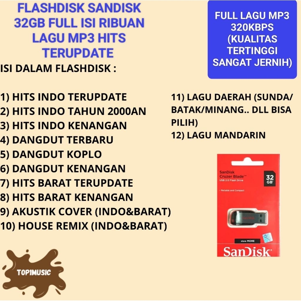 flashdisk sandisk 32GB isi full lagu mp3 player Mandarin
