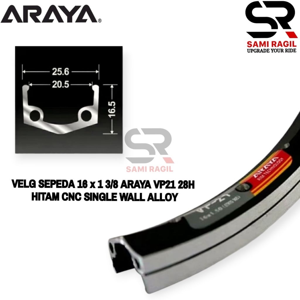 VELG SEPEDA 16 x 1 3/8 ARAYA VP21 LUBANG 28 HOLE 28H RIM RIMS HITAM CNC SINGLE WALL ALLOY DOUBLE WAL