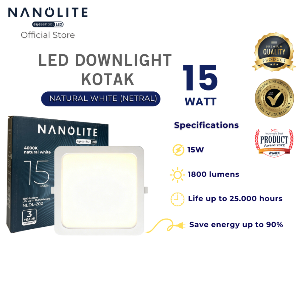 Nanolite Lampu Downlight LED 15W Cahaya Netral Kotak Inbow Lampu Plafon Tempel Panel