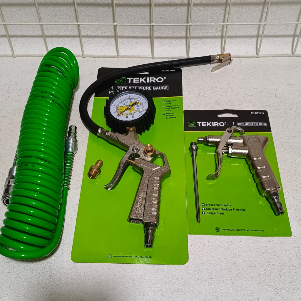 PROMO Paket Peralatan Kompresor Tekiro Selang Spiral 6 Meter + Air Chuck Gun - Semprotan Angin + Inf
