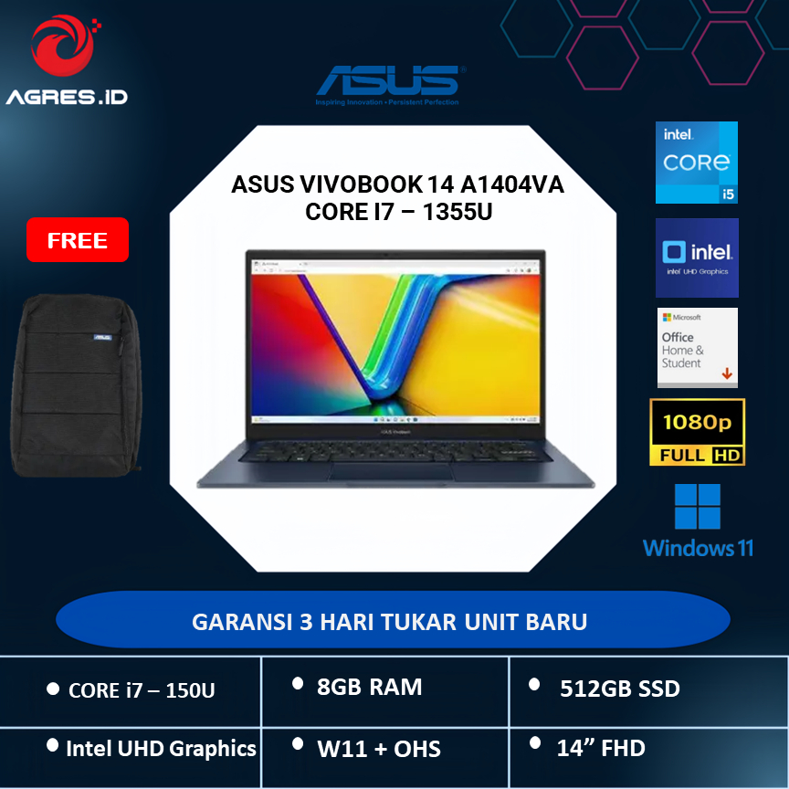 ASUS VIVOBOOK 14 A1404VA INTEL CORE i7 1355 8GB 512SSD W11+OHS 14.0FHD