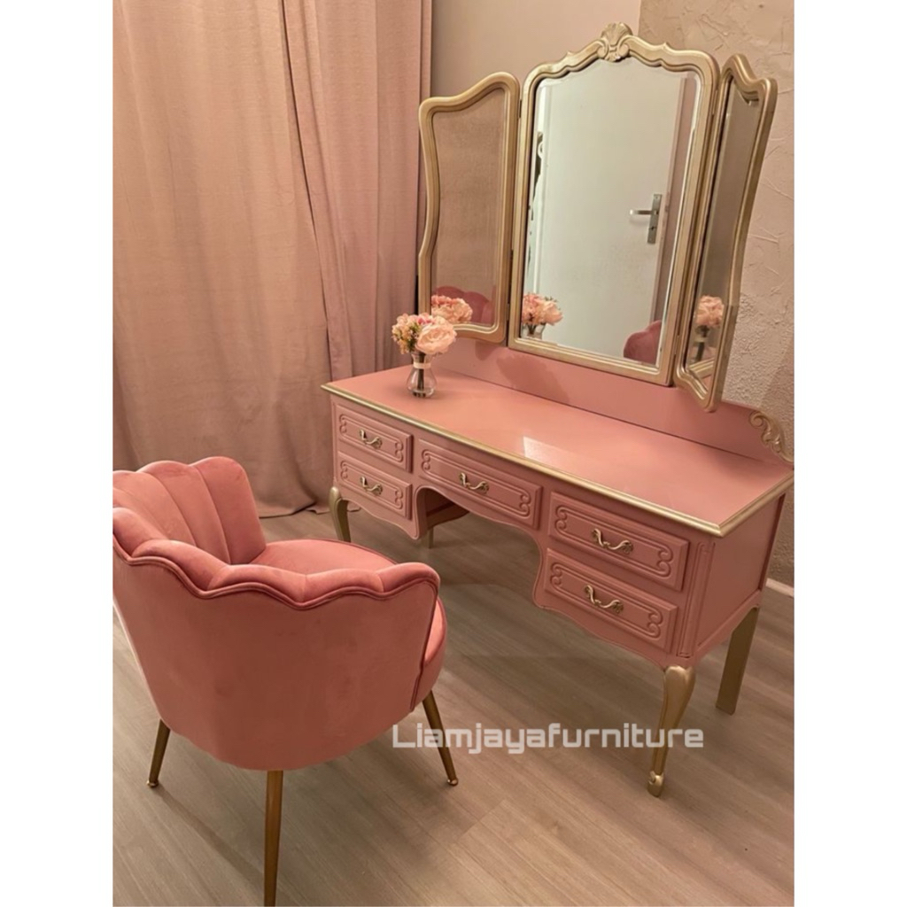 SET MEJA RIAS MINIMALIS + SOFA KERANG PINK VINTAGE MEWAH