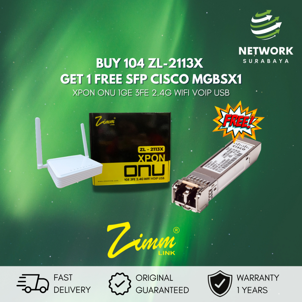 ZIMMLINK XPON ONU ZL-2113X Support ONT EPON & GPON 1GE 3FE 2,4G Wifi VOIP (1 BOX ISI 104 UNIT) FREE 