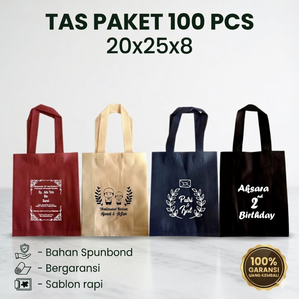 Paket 100 pcs Tote Bag Spunbond Sablon Custom Goodie Bag Wedding Khitan Event Promosi