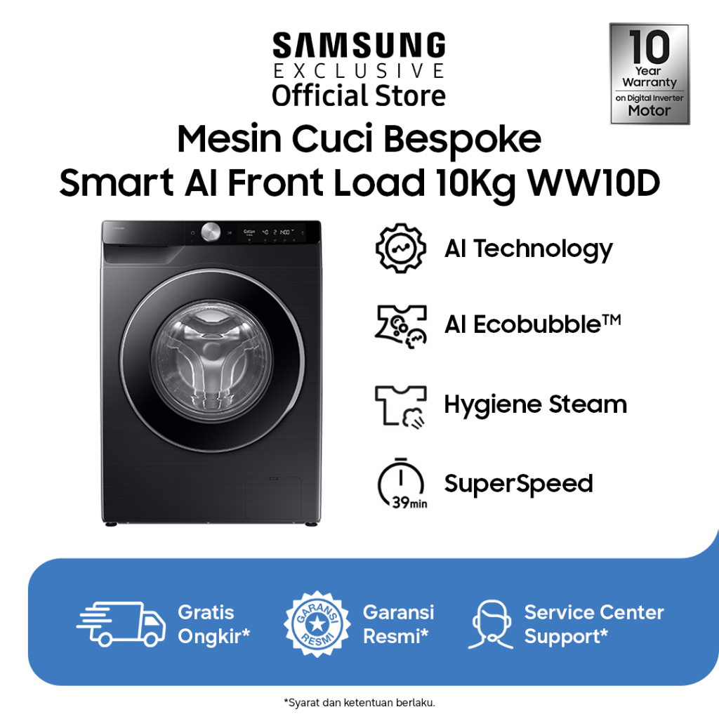 Samsung Bespoke AI Front Load Washer 10kg - Black | Mesin Cuci  | EcoBubble | WW10DG6U34LBSE