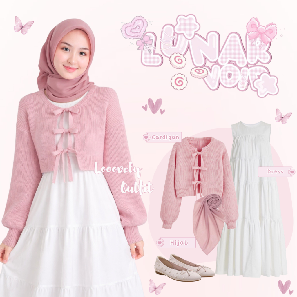 Oneset Pinky Korean Style (Hijab - Cardigan - Dress Ruffle ) Set Hijab Lucu Remaja Kekinian - LO132