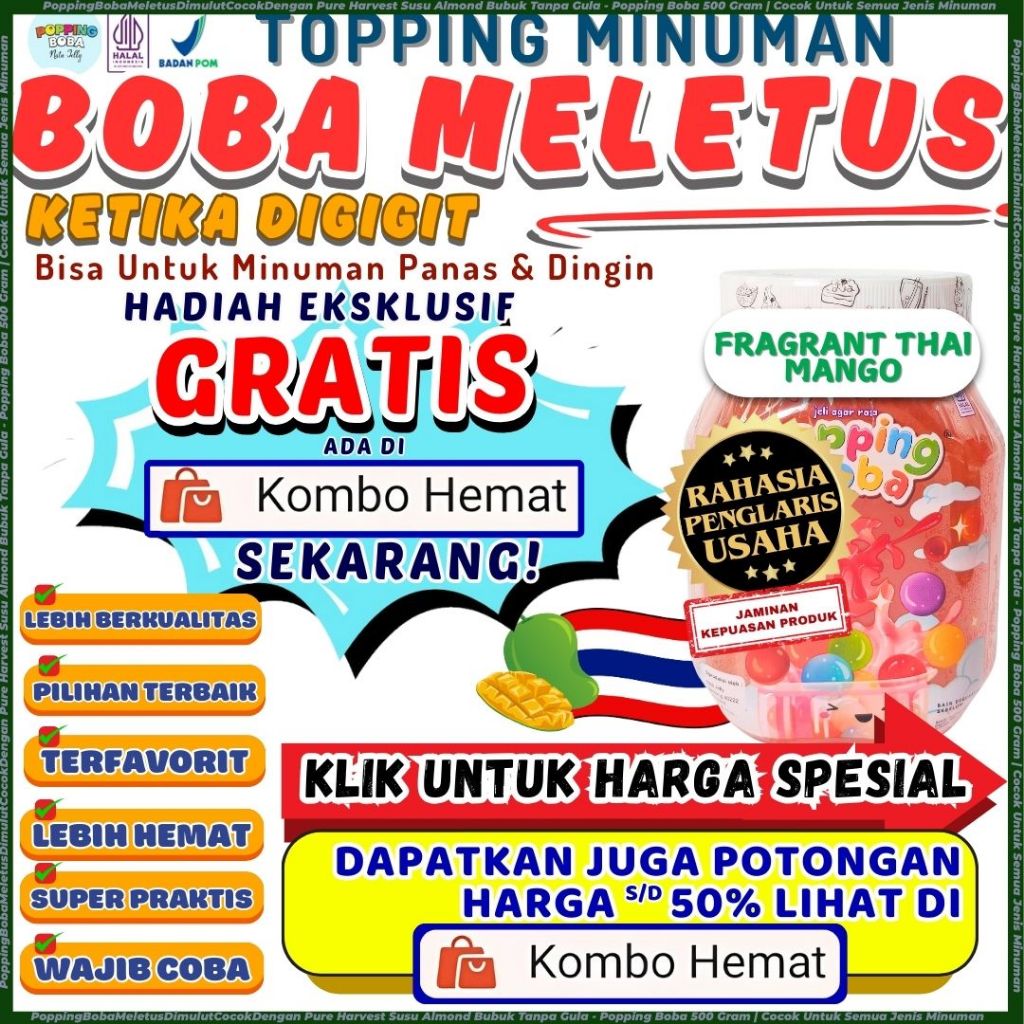 PoppingBobaMeletusDimulutCocokDengan Pure Harvest Susu Almond Bubuk Tanpa Gula - Popping Boba 500 Gr