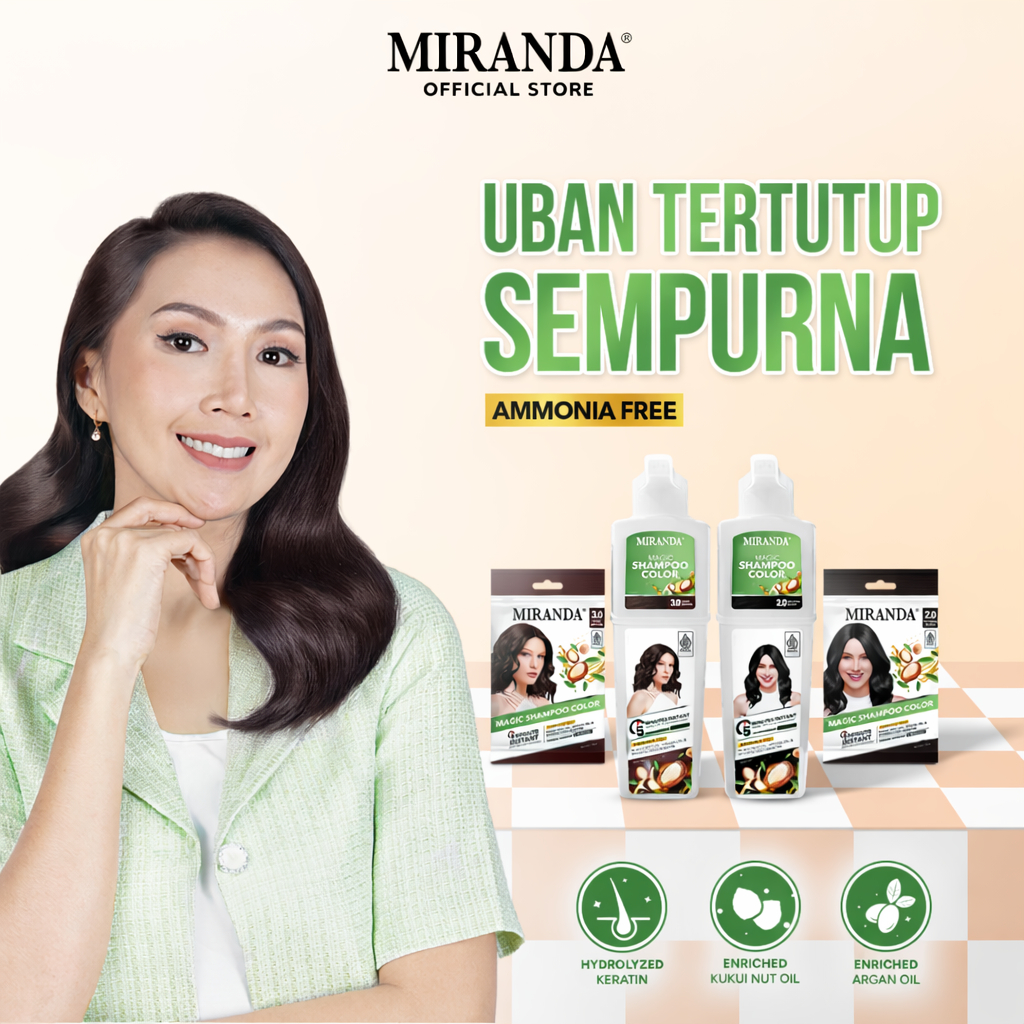 Miranda Magic Shampoo Color Natural Black / Dark Brown | Instan Tanpa Amonia | Shampo Pewarna Penutu
