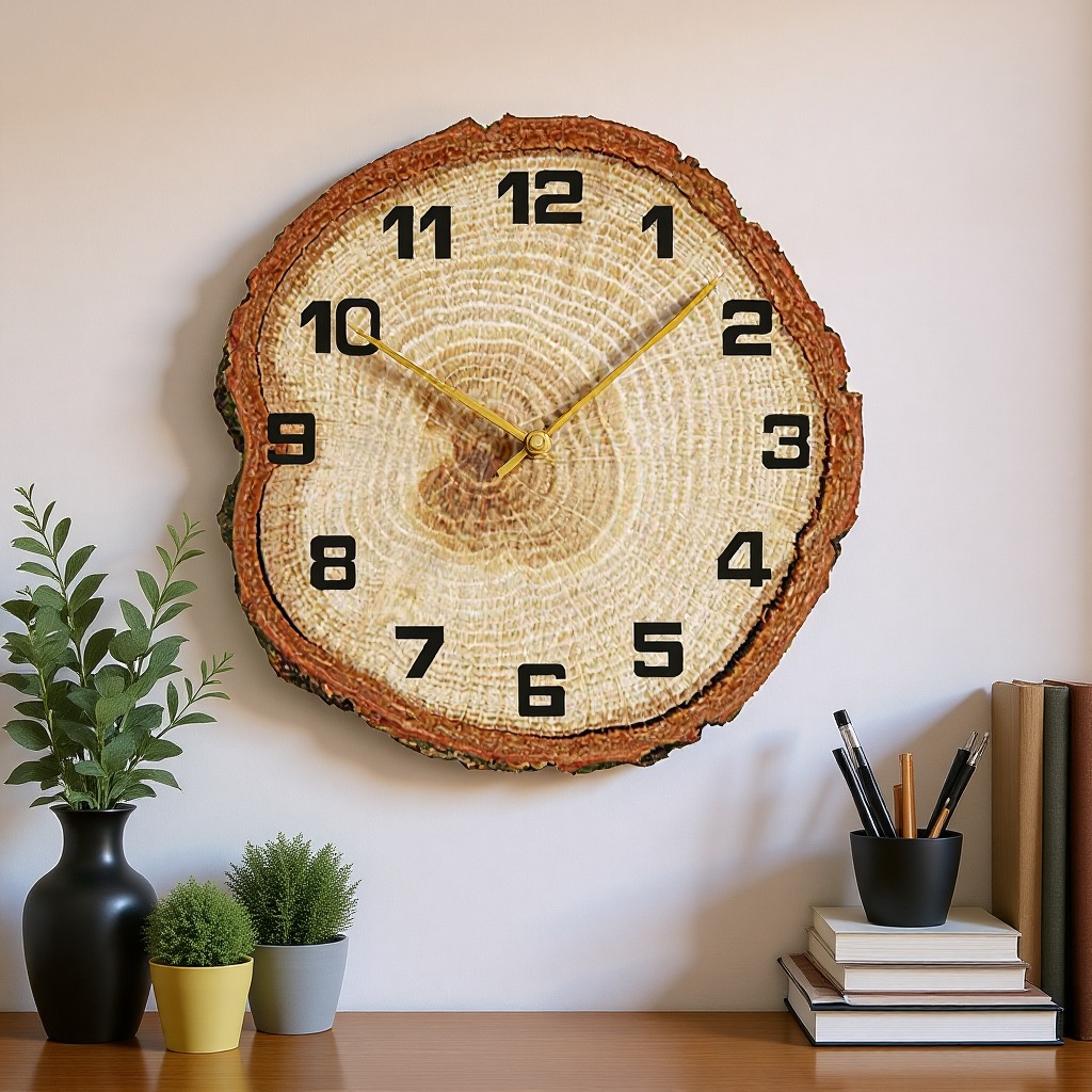 Jam Dinding Kayu Aesthetic Potongan Pohon - Gerakan Senyap, Hiasan Dinding Rustic