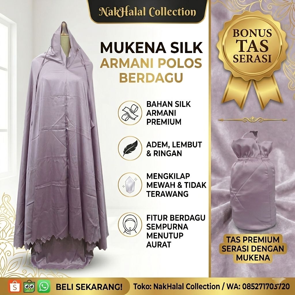 Mukena Silk Armani Polos Berdagu