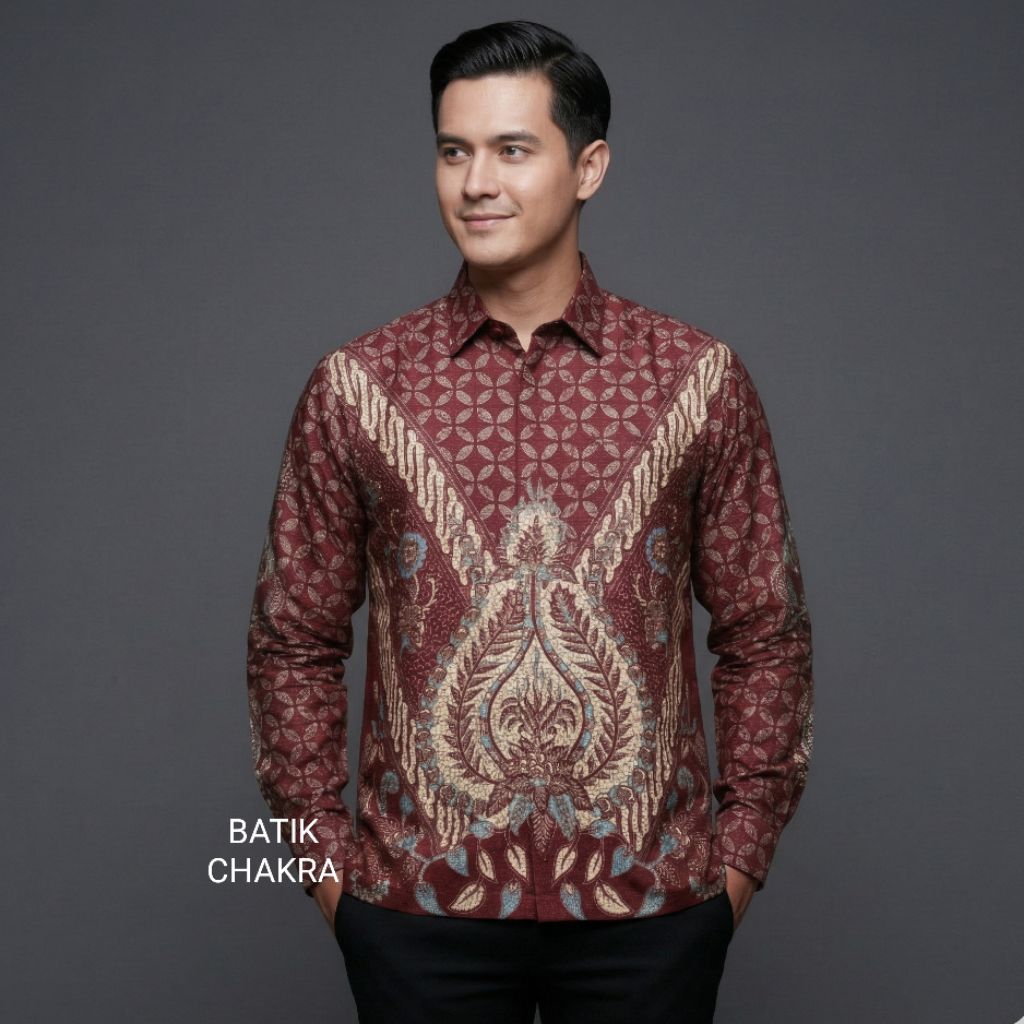 Kemeja batik pria MERAH lengan panjang bahan doby lapis furing  motif terbaru
