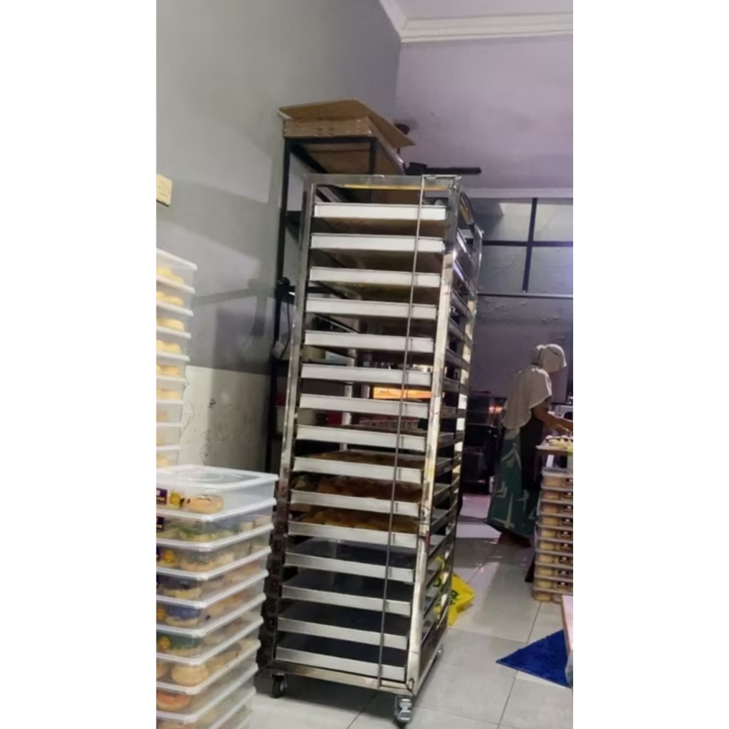 Rak Trolley Bakery Stainless, Rak Trolley Loyang Roti 15 Susun 60X40 Stainless Steel , Rak Troly Loy