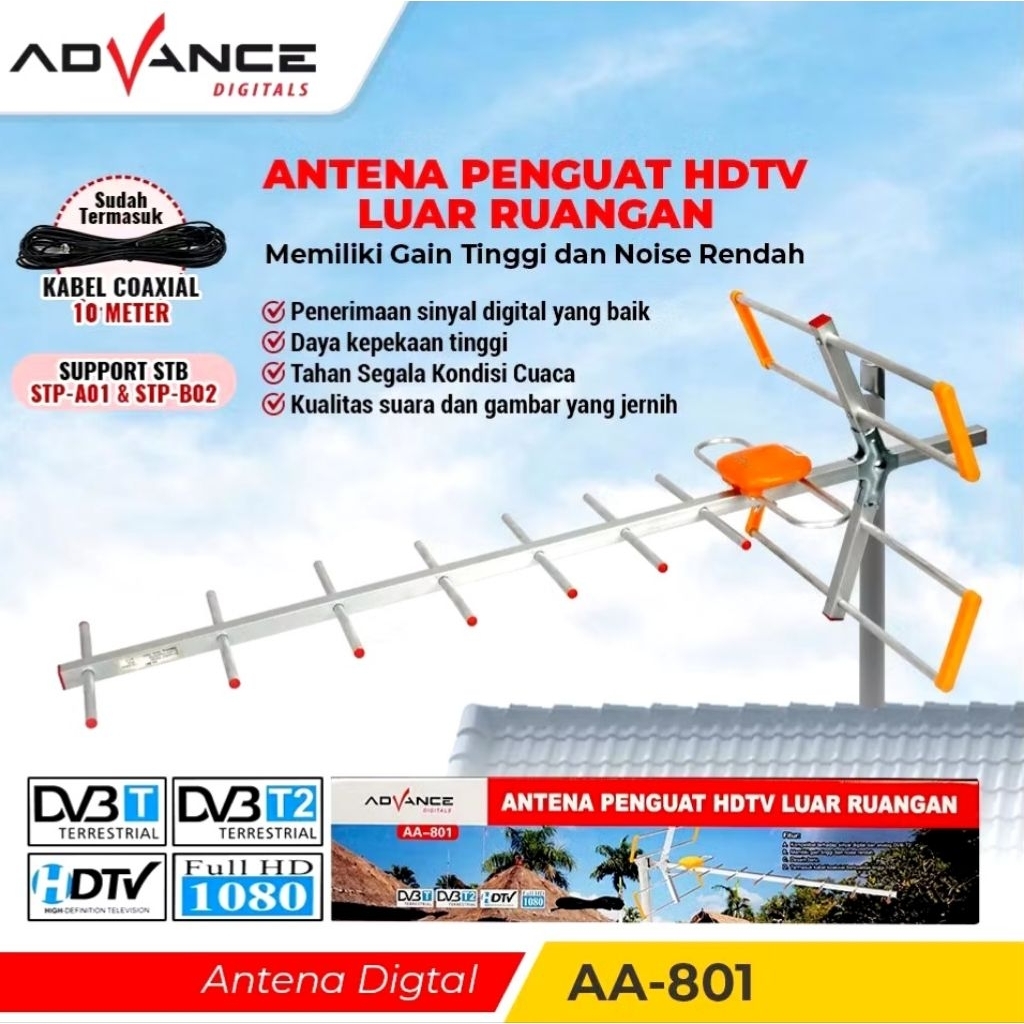 Advance AA-801 Antena TV Digital Outdoor Penguat Sinyal Low Noise Booster - Support STB & Full HD 10