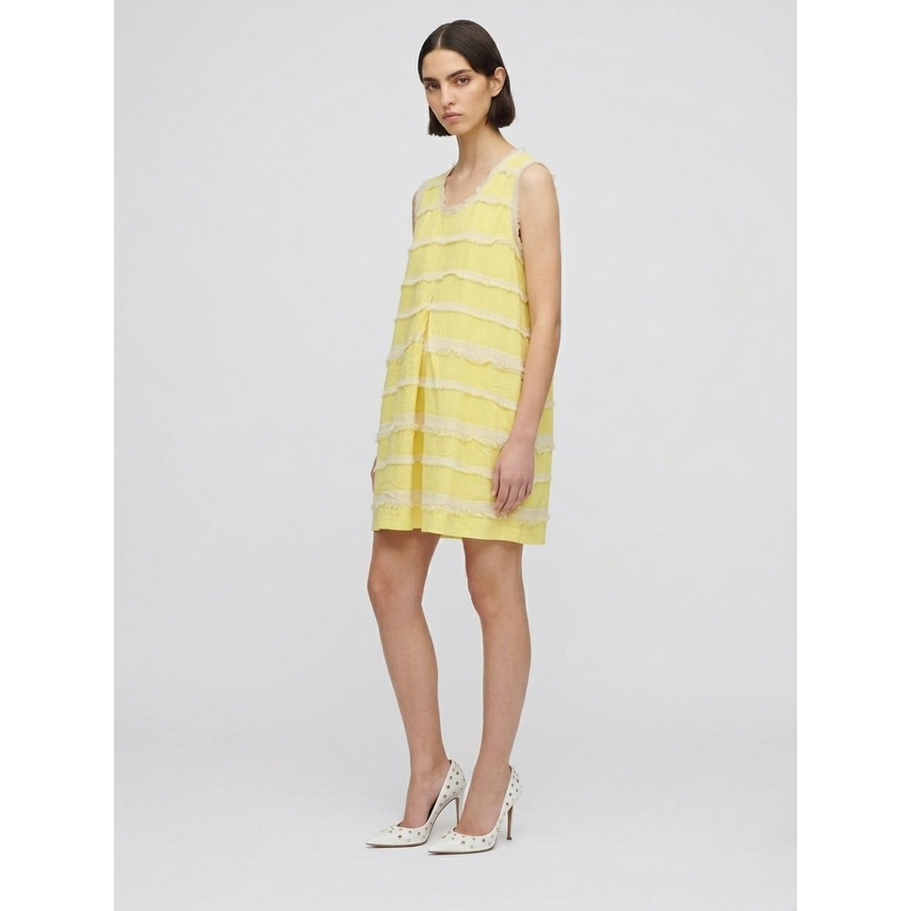 Alexander McQueen Yellow Striped Mini Dress Sleeveless Fringed Detail with Frayed Hem Detail