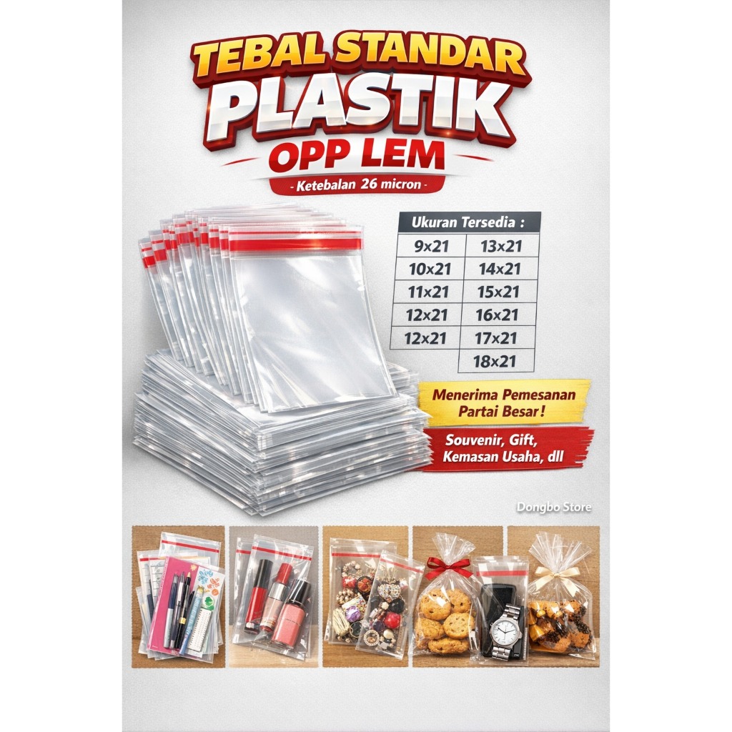 Plastik OPP Lem Tebal Standar 26 Micron Isi 100 pcs – Bening Seal Merah (9x21 10x21 11x21 12x21 13x2