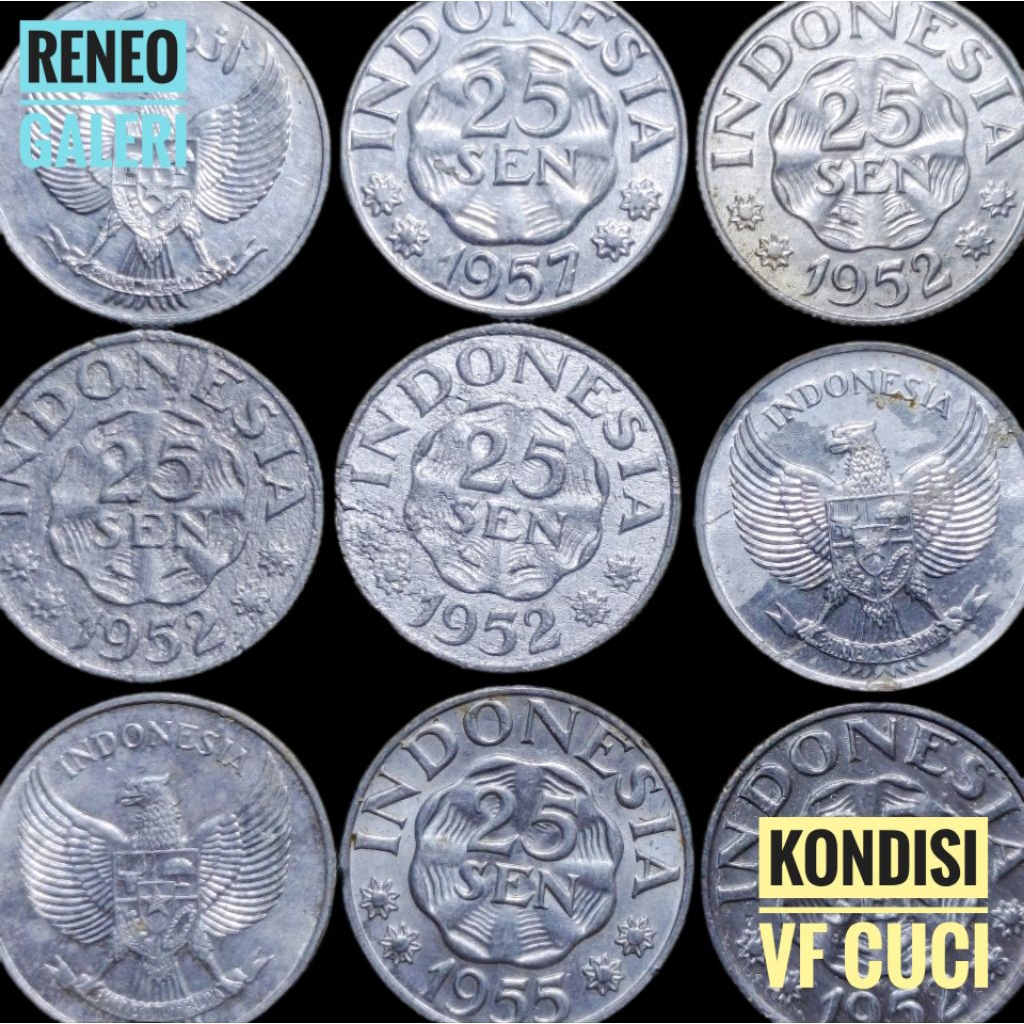 VF cuci 25 Sen Garuda Tahun 1952 1955 1957 Uang Koin Kuno logam Indonesia asli original 0,25 Rupiah