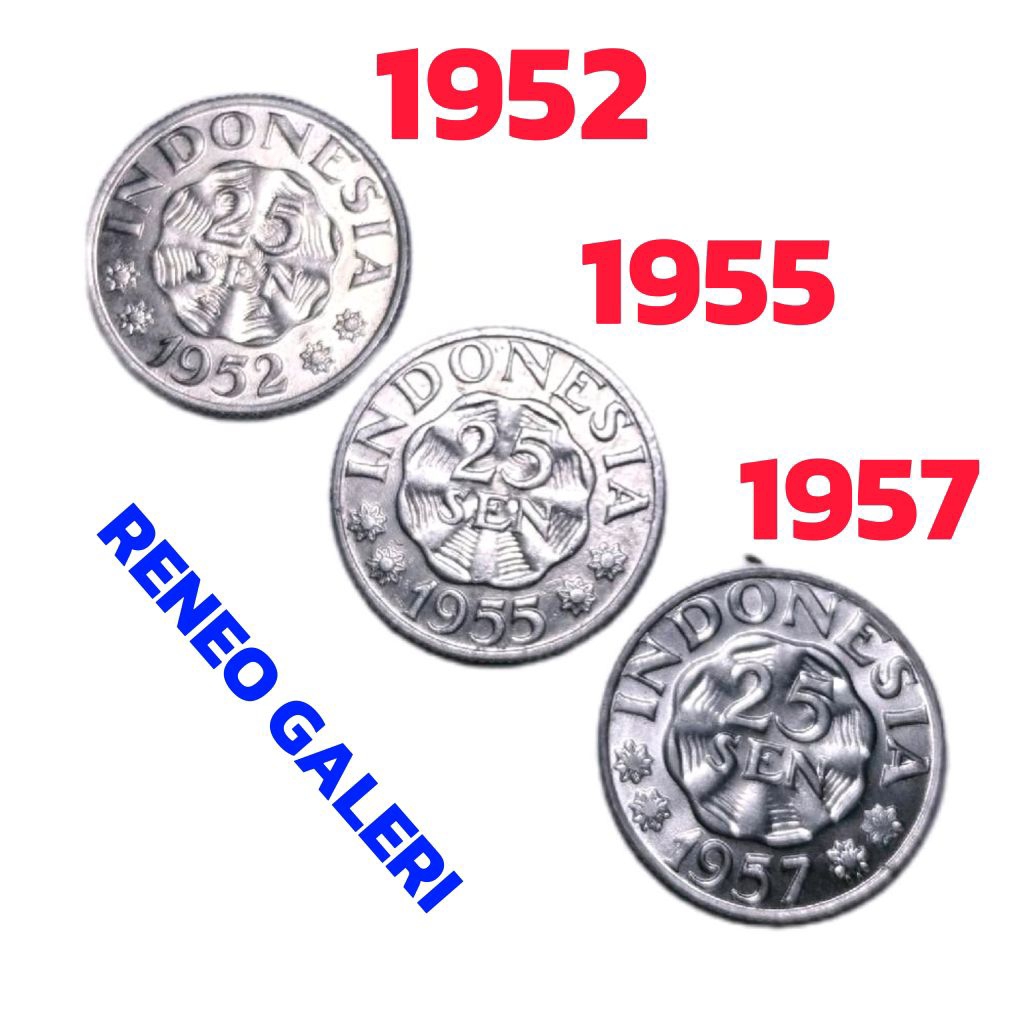 Paket Tahun lengkap 25 Sen Garuda isi 3, tahun 1952 1955 1957 masih berkilau uang kuno asli koin ori