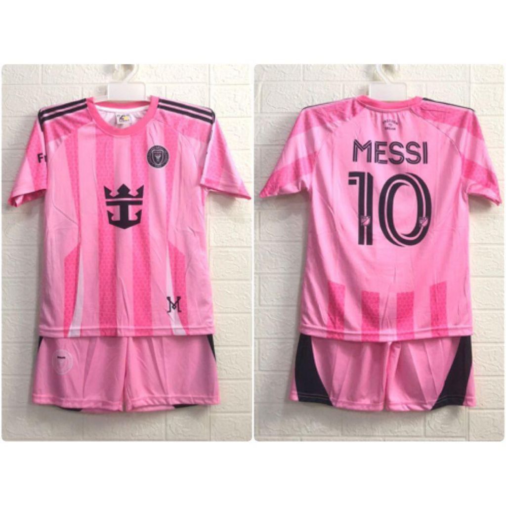 Setelan Set Kaos Jersey Bola Anak Usia 5-11 Tahun Printing Warna Pink Merah Muda Garis Hitam
