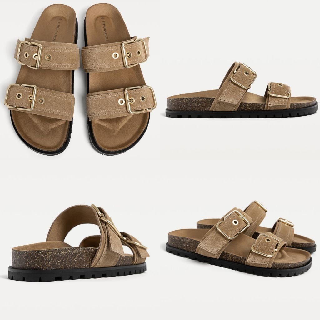 STRADIVARIUS SANDAL SENDAL DOUBLE BUCKLE SUEDE  FLAT BROWN BARU ASLI ORIGINAL