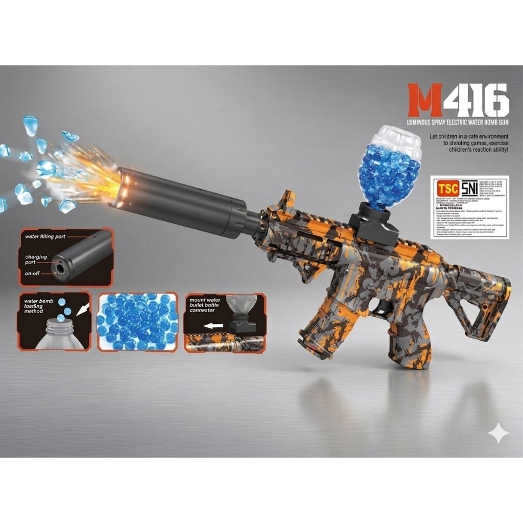 Mainan Water Gel Blaster M416 Elektrik Otomatis Asap dan Lampu