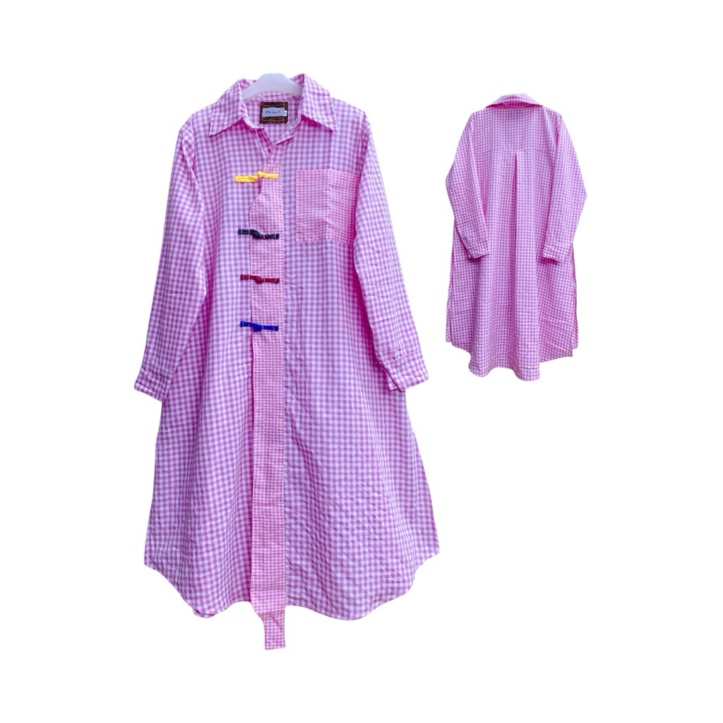 DENIK DAILY/TUNIK CHONGSAM PINK/TUNIK ATASAN KOTAK KOTAK PINK