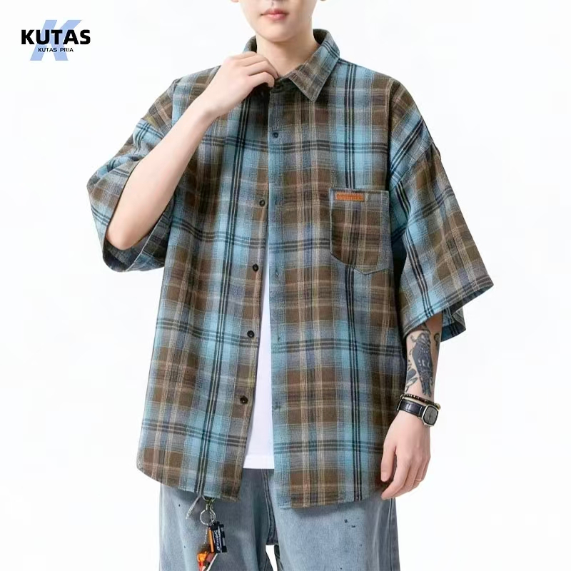 Pria Flanel Lengan Kemeja Flanel Lengan Pendek Pria Motif Kotak-Kotak Bahan Katun Tebal Nyaman Dipak