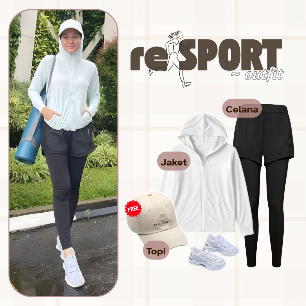 Oneset 3in1 Jaket anti UV Legging Celana Running Free Topi || Perempuan Wanita Cewek Outfit Olahraga