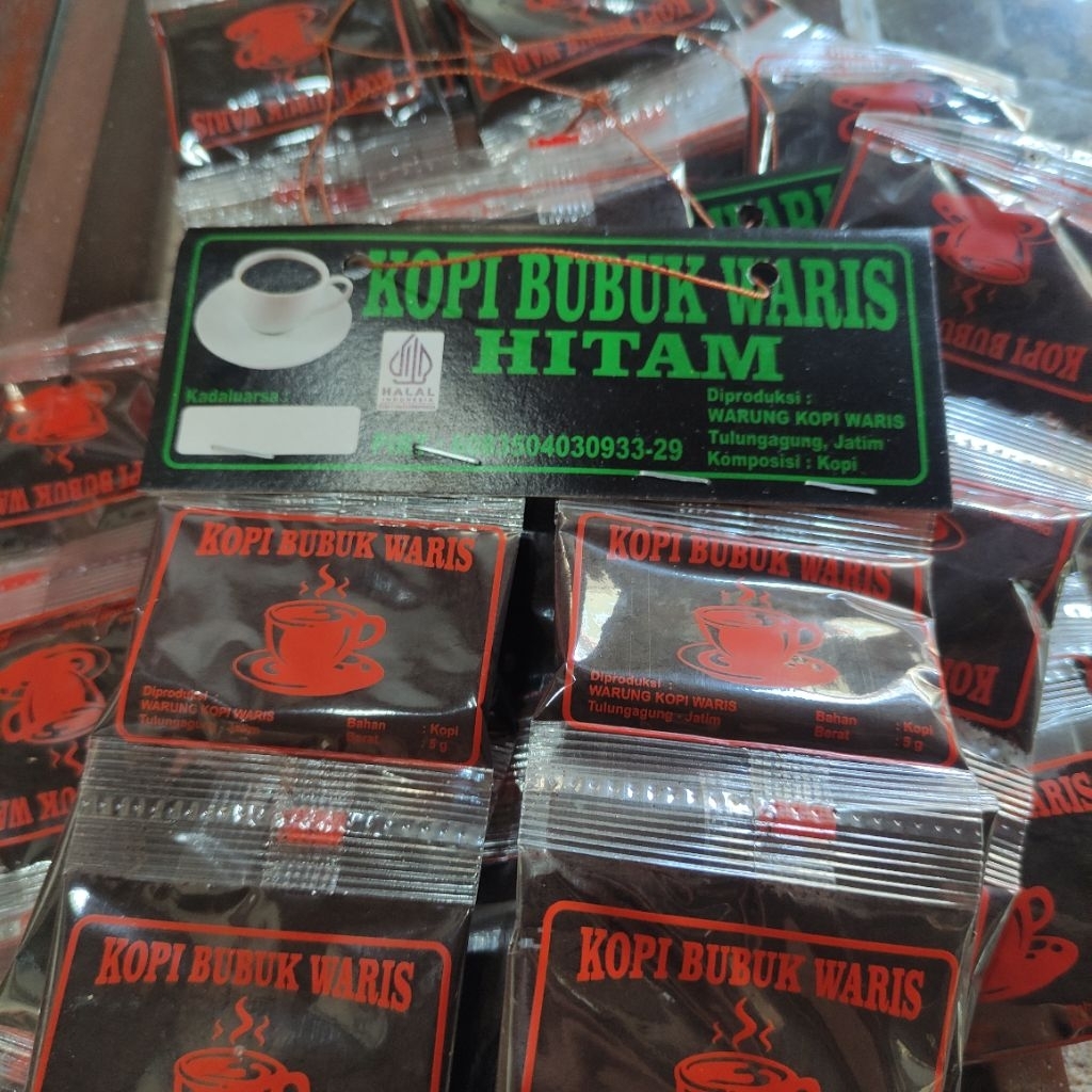Kopi bubuk hitam waris kemasan sachet renceng
