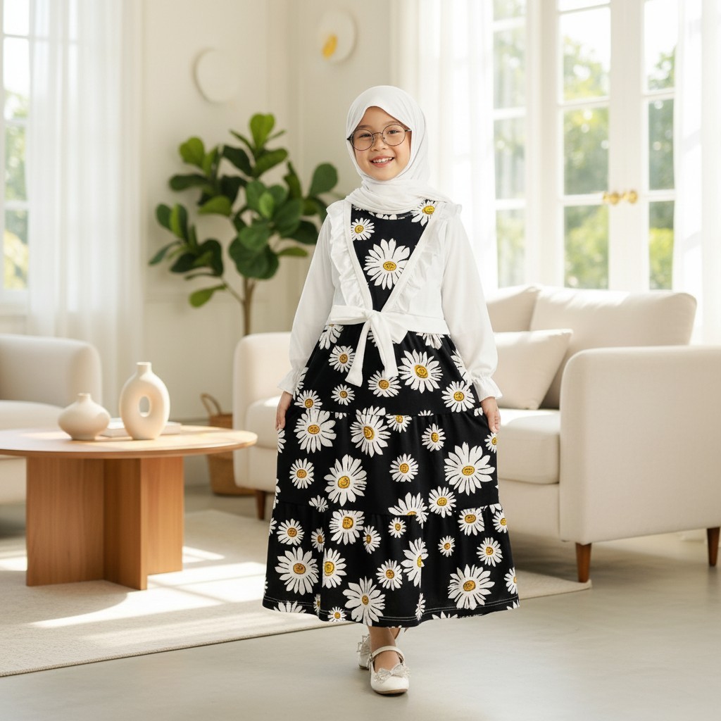 CARLINA – Gamis Anak Rompi Putih Ruffle Bunga Muslimah Kaaffah 3-13 tahun Dress Panjang Kids