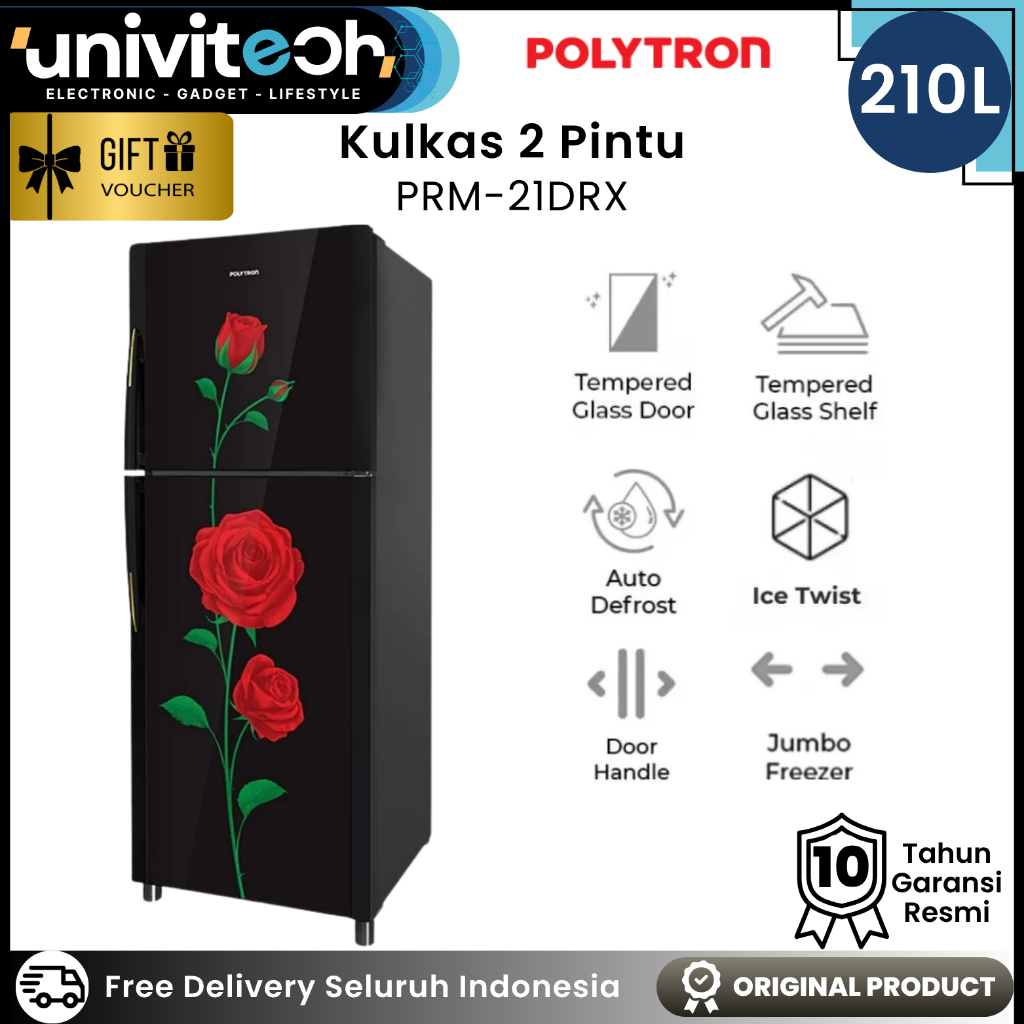 Polytron Kulkas 2 Pintu 210L Pintu Kaca Tanpa Bunga Es Low Watt Fast Cooling Jumbo Freezer PRM 21DRX
