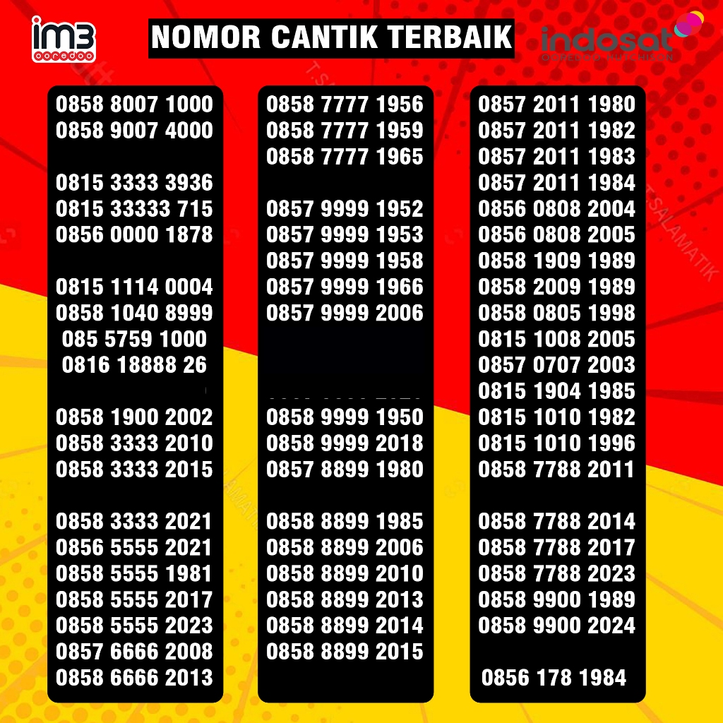 Nomor Cantik Indosat 11 Digit Nomer Cantik Im3 Tahun Lahir 2024 2023 2022 2021 2020 2019 2018 2017 2