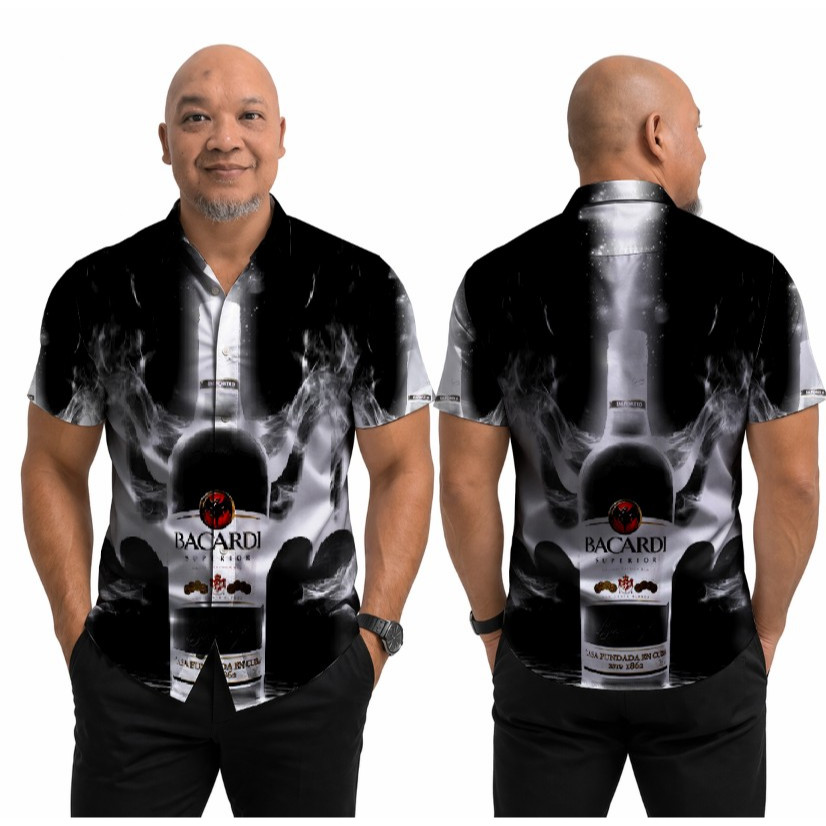 Kemeja Pria Bacardi Premium Black Splash Luxury Edition – Motif Botol Eksklusif Bacardi Full Print