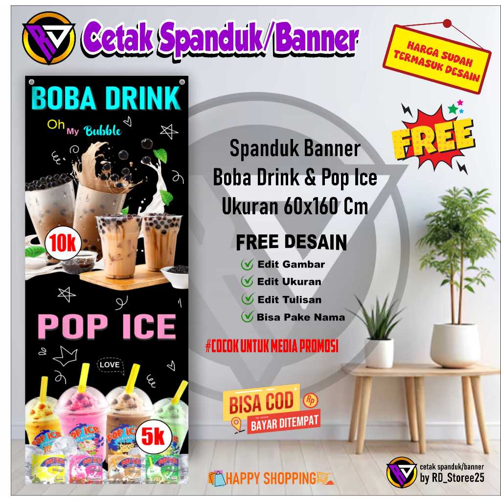 Spanduk Banner Boba Drink & Pop Ice Ukuran 60x160 Cm