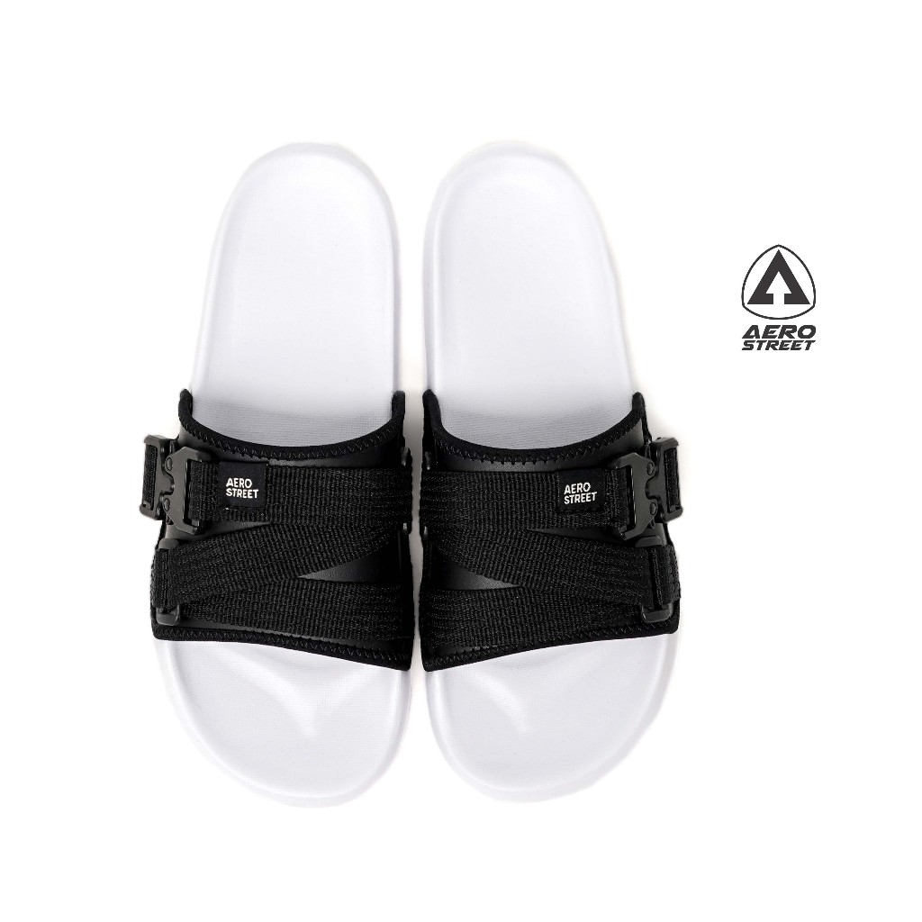 Aerostreet Justin Sandal Pria Putih/Hitam Selop Cowok Men Ringan Empuk