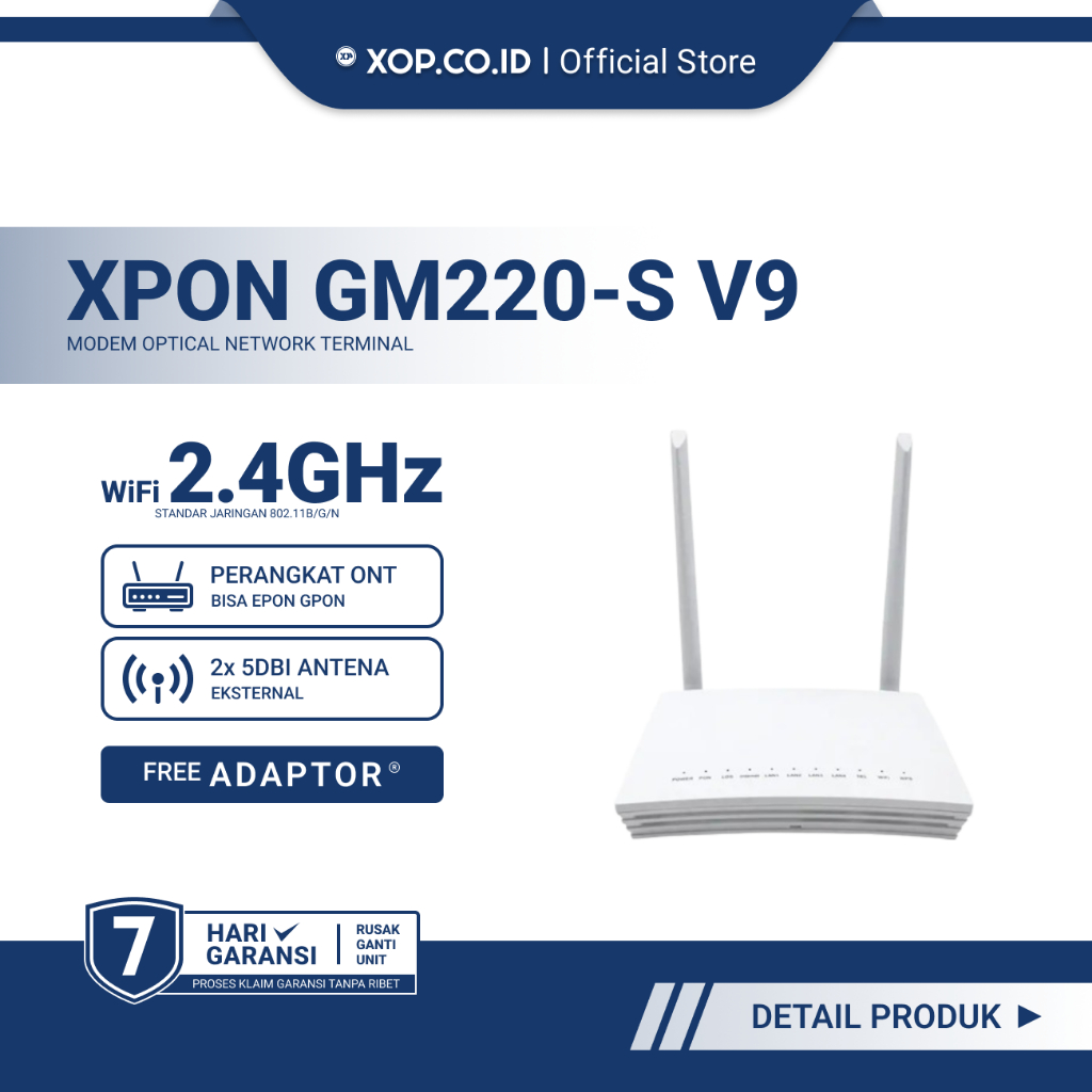 XPON GM220-S V9 Modem Ont Epon Gpon | Bisa PPPoE Bridge | 2 Antena Eksternal | Bekas Original | Free